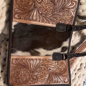 Tooled Leather Cowhide Tote in Brown and Black
